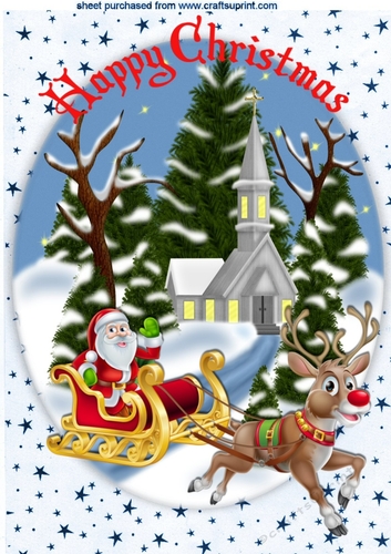 Lovely snow scene with church & santa A4
