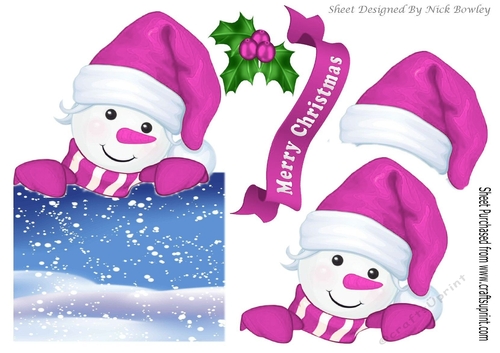 Lovely jolly snowman  in pink over the edge
