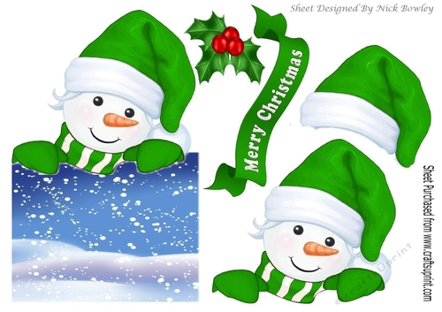 Lovely jolly snowman  in green over the edge