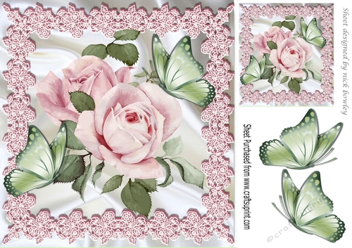 pretty pink roses with lace and satin with butterflies 8x8
