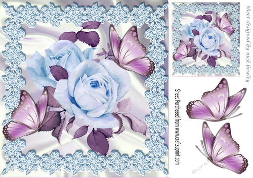 pretty blue roses with lace and satin with  lilac butterflies 8x8