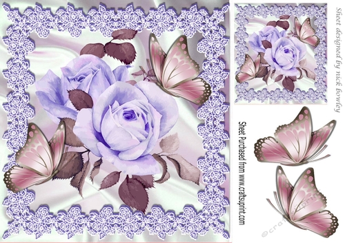 pretty lilac roses with lace and satin with butterflies 8x8