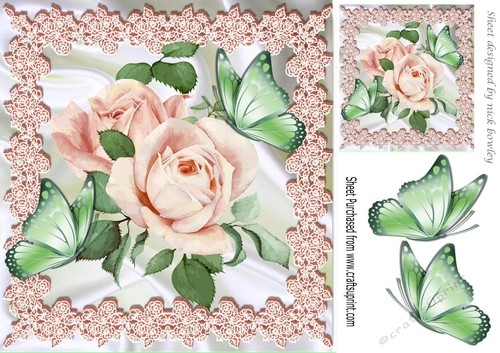 pretty peach roses with lace and satin with  lilac butterflies 8x8