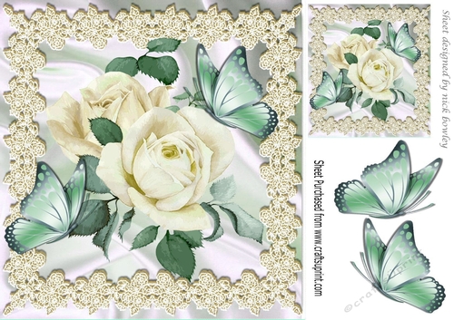 pretty cream roses with lace and satin with  lilac butterflies 8x8