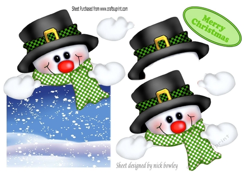 jolly snowman looking smart in his hat  & green scarf over the edge