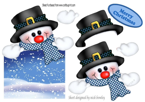 jolly snowman looking smart in his hat  & blue scarf over the edge