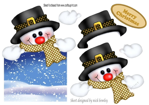 jolly snowman looking smart in his hat  & gold scarf over the edge
