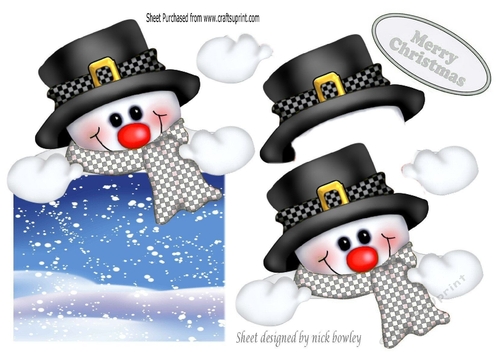 jolly snowman looking smart in his hat  & silver scarf over the edge