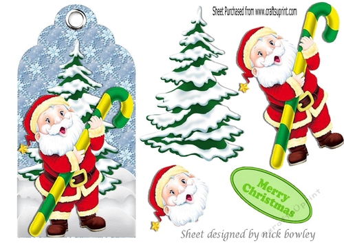 Lovely santa with christmas tree & candy cane on a tag/topper