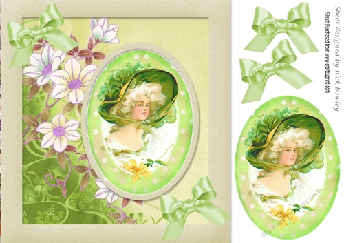 pretty vintage lady in green with flowers card front 8x8
