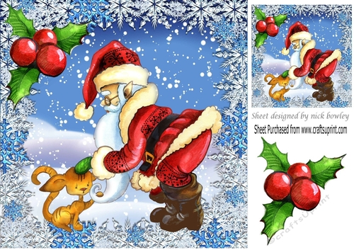 A lovely whimsical santa with kitty in the snow with holly 8x8