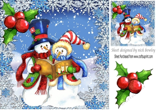 A lovely whimsical pair of snowmen carol singing in the snow with holly 8x8