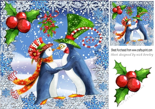 A lovely whimsical pair of penguins dancing in the snow with holly 8x8