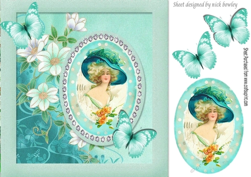 Pretty in turq with diamonds, flowers and butterflies 8x8