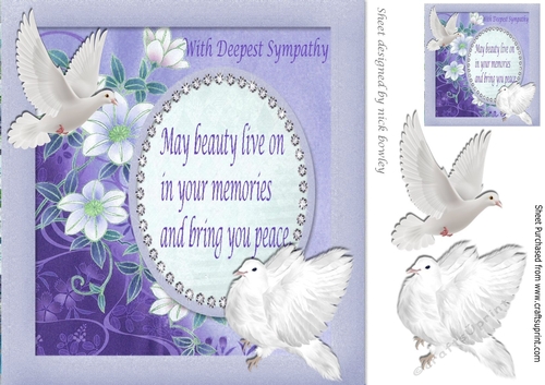 White Doves with lilac flowers with verse  on card front 8x8 (sympathy)