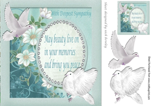 White Doves with turq flowers with verse  on card front 8x8 (sympathy)