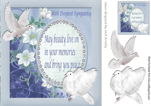 White Doves with blue flowers with verse  on card front 8x8 (sympathy)
