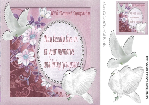White Doves with pink flowers with verse  on card front 8x8 (sympathy)