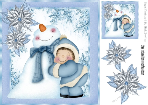 Cute Snowman having a cuddle in blue snow flake frame 8x8