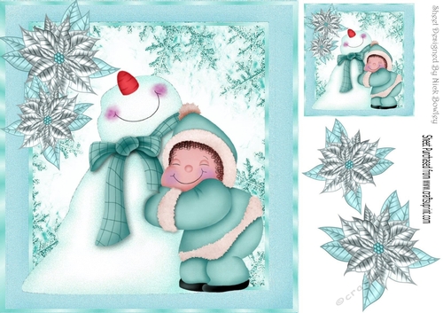 Cute Snowman having a cuddle in turq snow flake frame 8x8