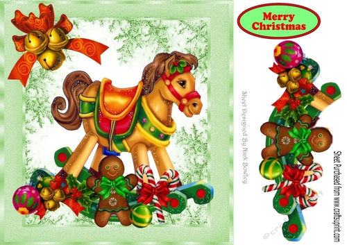 Lovely rocking horse with christmas baubles and bells 8x8