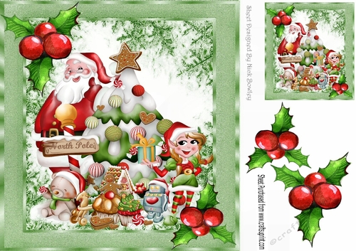 Santa with his elves and  christmas tree 8x8