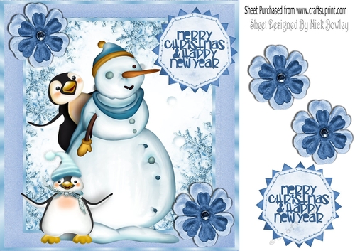 Whimsical snowman with cute penguins 8x8