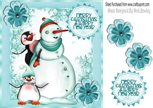Whimsical snowman with cute penguins 8x8 in turq frame