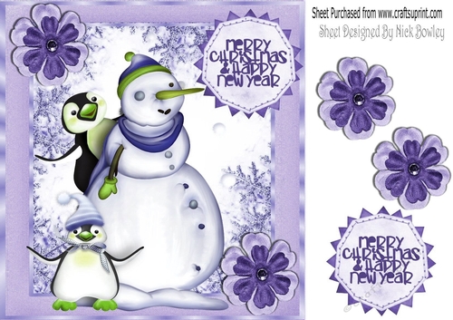 Whimsical snowman with cute penguins 8x8 in purple frame