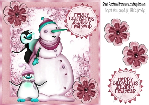 Whimsical snowman with cute penguins 8x8 in pink frame