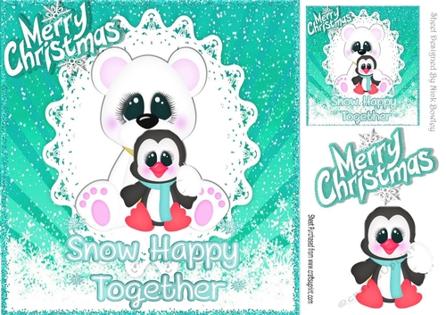 Snow Happy Together, cute polar bear & penguin 8x8 (turq)