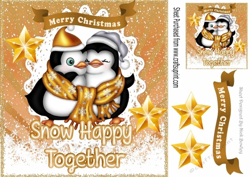 Cuddle Penguins snow happy together in gold snow frame 8x8