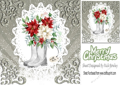 Garden Wellies with Christmas poinsettias 8x8