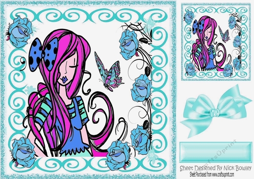 Birthday girl funky pink hair with roses and butterfly 8x8
