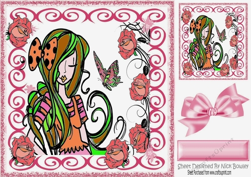 Birthday girl green hair with roses and butterfly 8x8