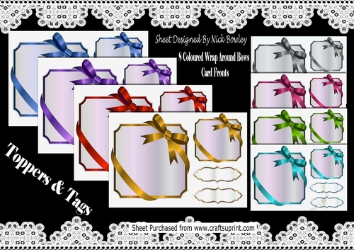 8 Lovely Coloured Mettalic Wrap Around Bows Card Fronts