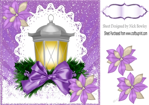 pretty Christmas lantern with purple bow & flowers 8x8