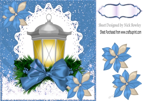 pretty Christmas lantern with blue bow & flowers 8x8
