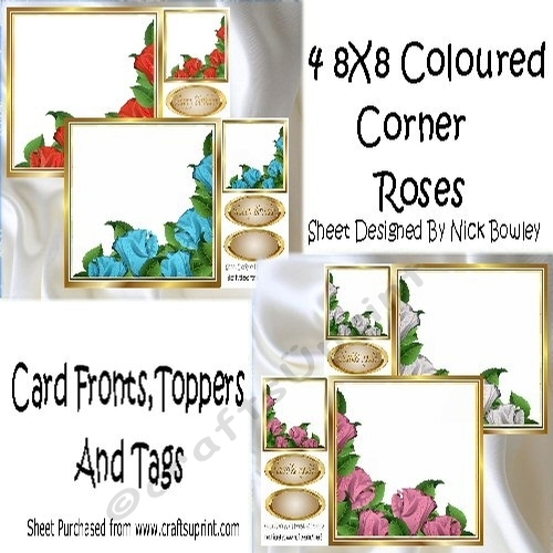 4 Pretty 8x8 Coloured Corner Roses Card Fronts (set one)