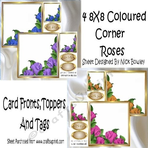 4 Pretty 8x8 Coloured Corner Roses Card Fronts (set two)