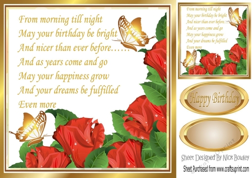 Pretty red corner roses with verse & gold butterflies Card Front 8x8
