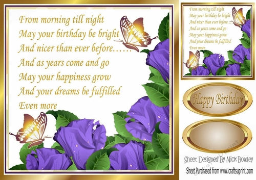 Pretty purple corner roses with verse & gold butterflies Card Front 8x8