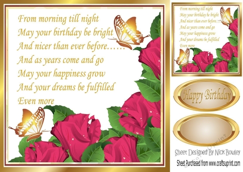 Pretty cerise corner roses with verse & gold butterflies Card Front 8x8