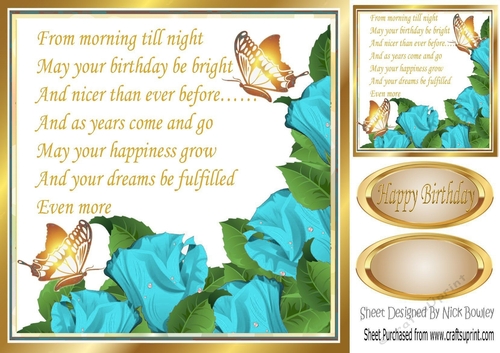 Pretty turq corner roses with verse & gold butterflies Card Front 8x8
