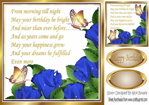 Pretty blue corner roses with verse & gold butterflies Card Front 8x8