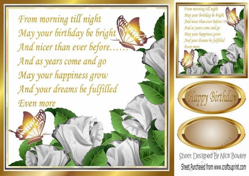Pretty silver corner roses with verse & gold butterflies Card Front 8x8