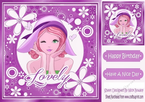 Trendy Girl in a  purple  hat in funky frame with flowers 8x8