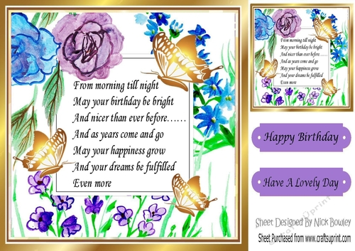 Pretty Painted Flower card front with gold butterflies & verse 8x8