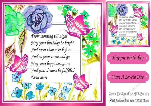 Pretty Painted Flower card front with cerise butterflies & verse 8x8