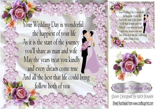 Happy Wedding Couple Card front with roses & verse 8x8